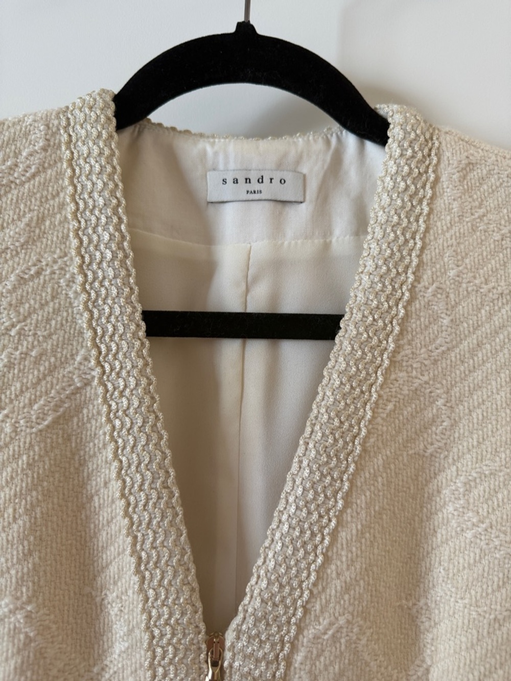 Sandro Cream Tweed Short Sleeve Shift Dress with Gold Trim - Picture 2 of 7